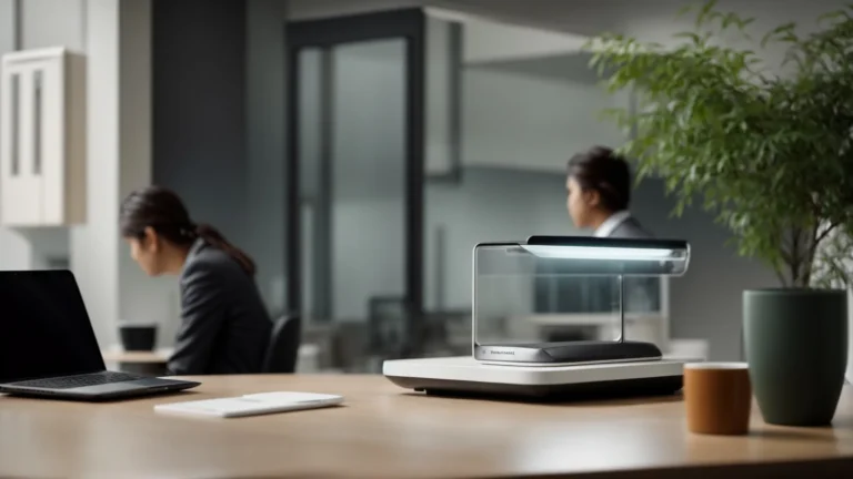 a person in an office setting marvels at a sleek, modern pepwave router placed on a table, signifying a leap in mobile network connectivity.
