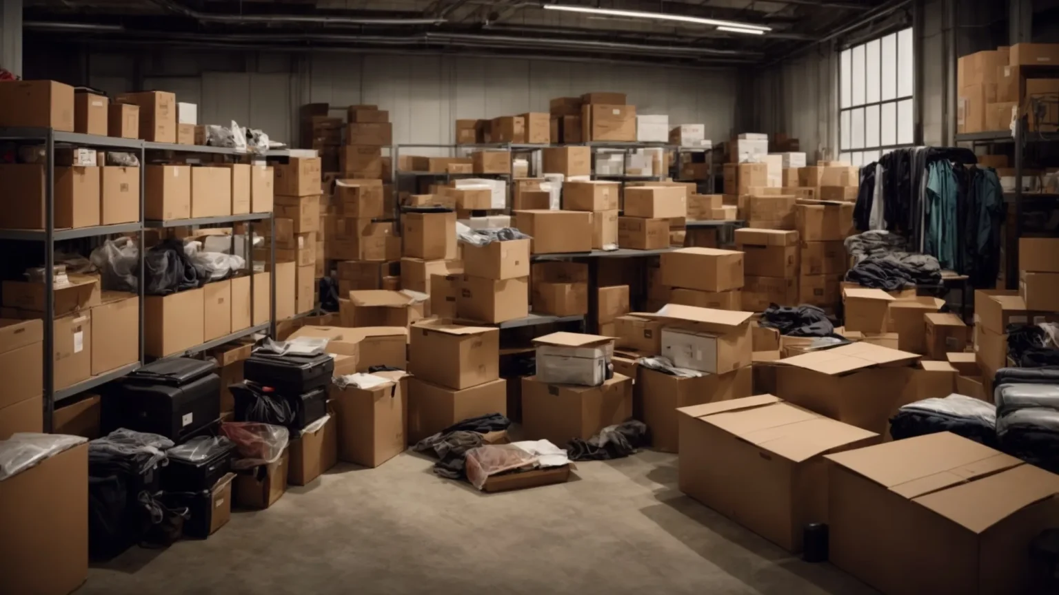 a spacious, cluttered storage unit filled with boxes, furniture, and miscellaneous items.